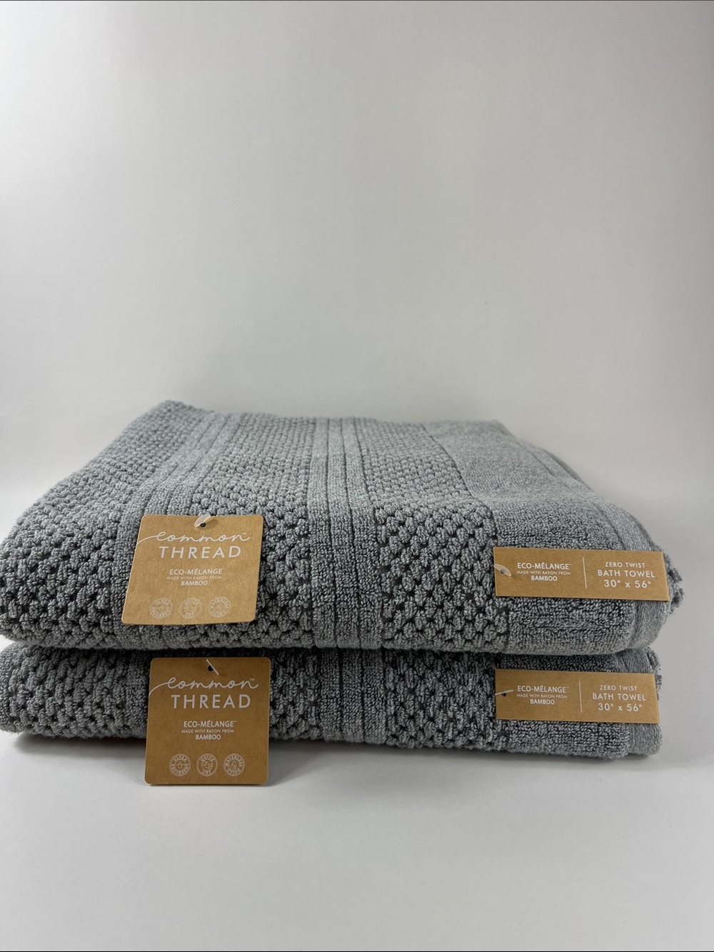 Common Thread Eco Melange BAMBOO Bath Towels Gray Oversized Zero Twist  2 pc NEW